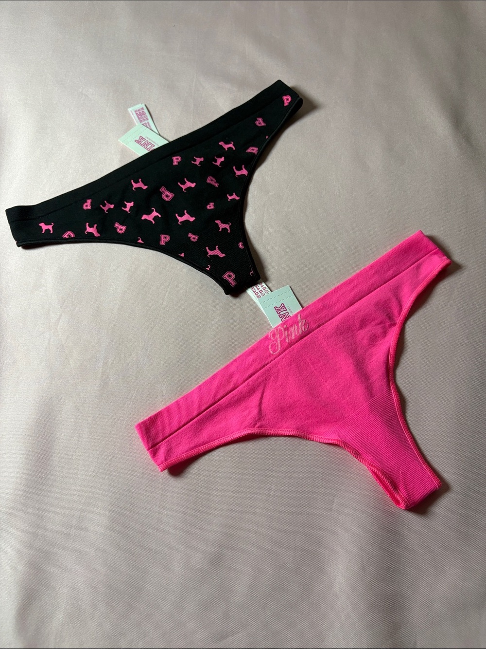 PINK Victoria's Secret Women’s Black & Hot Pink Logo Thong Set